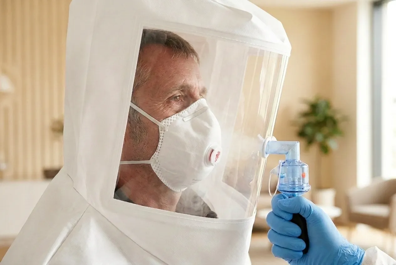 A qualitative face fit test in progress — wearer in an FFP3 respirator inside a fit-testing hood while the tester sprays the taste agent through the hood port