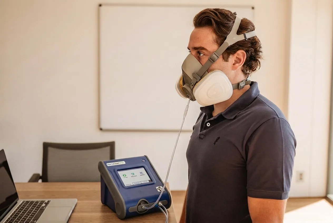 A quantitative face fit test in progress — wearer in a half-mask respirator with P3 filters, connected by a sample tube to a particle counting machine