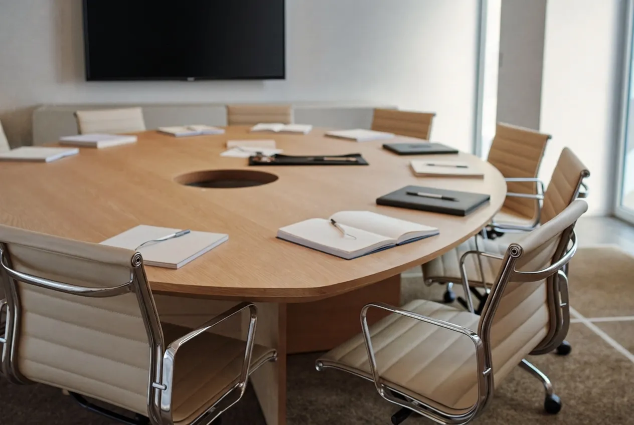 A bright training room with a round wooden table and chairs, set up ready for a Train the Tester course